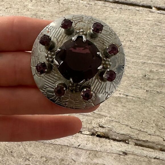 Vintage Mizpah Simulated Amethyst Silver Tone Brooch - Picture 1 of 5